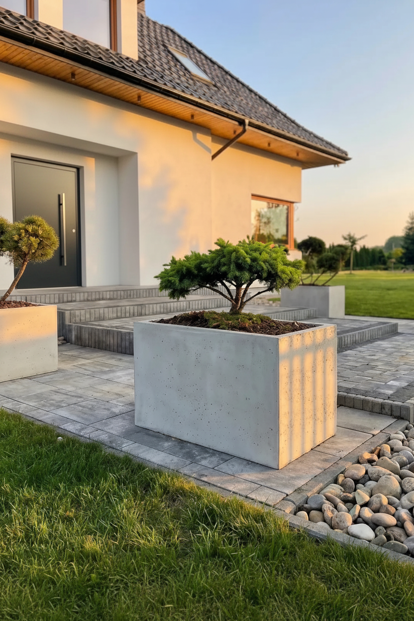 Donica betonowa – lifestyle wejście z antracytowymi drzwiami
