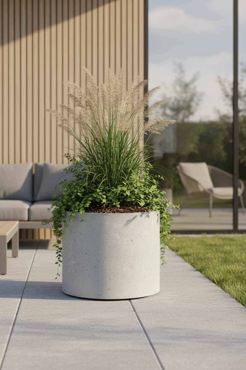 Donica betonowa Rondo 55 – lifestyle taras premium