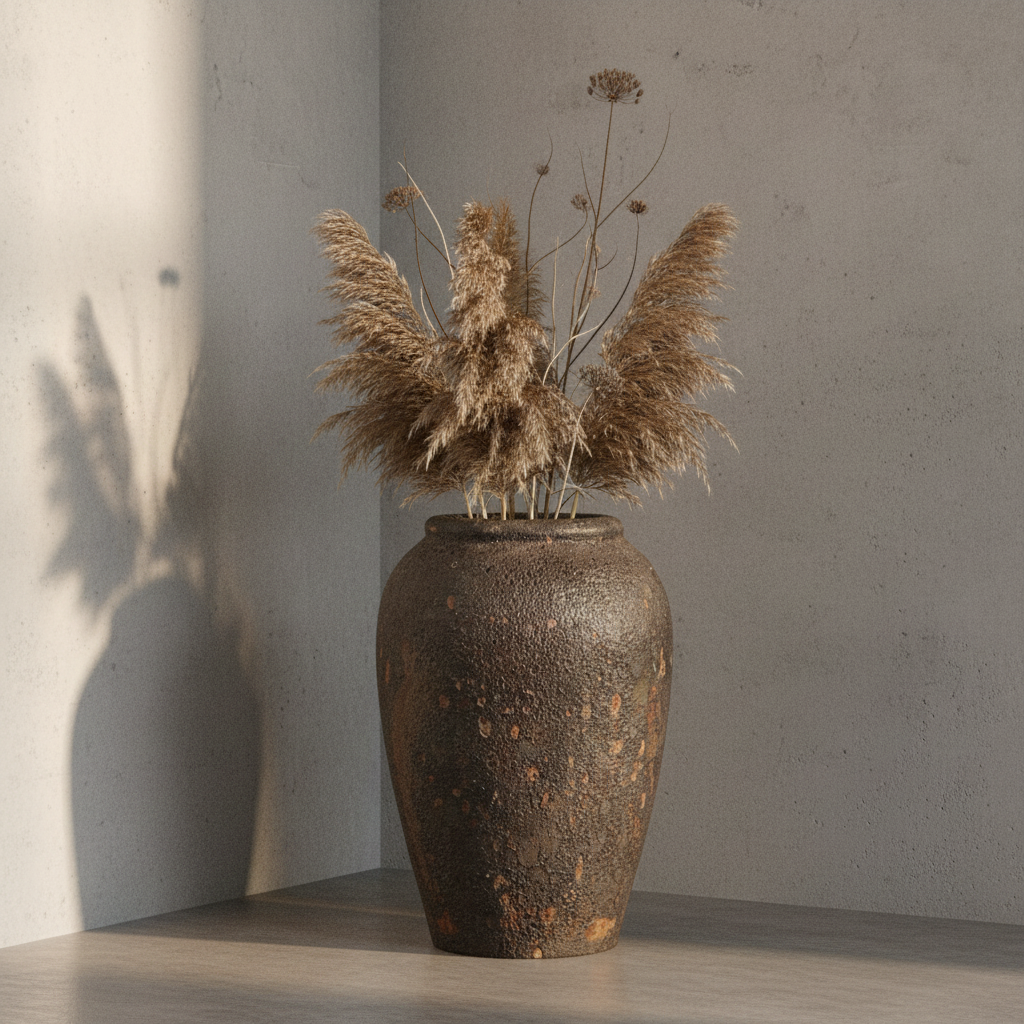 Wazon ceramiczny Garden Old Rust 60 cm w salonie loftowym z trawami pampasowymi