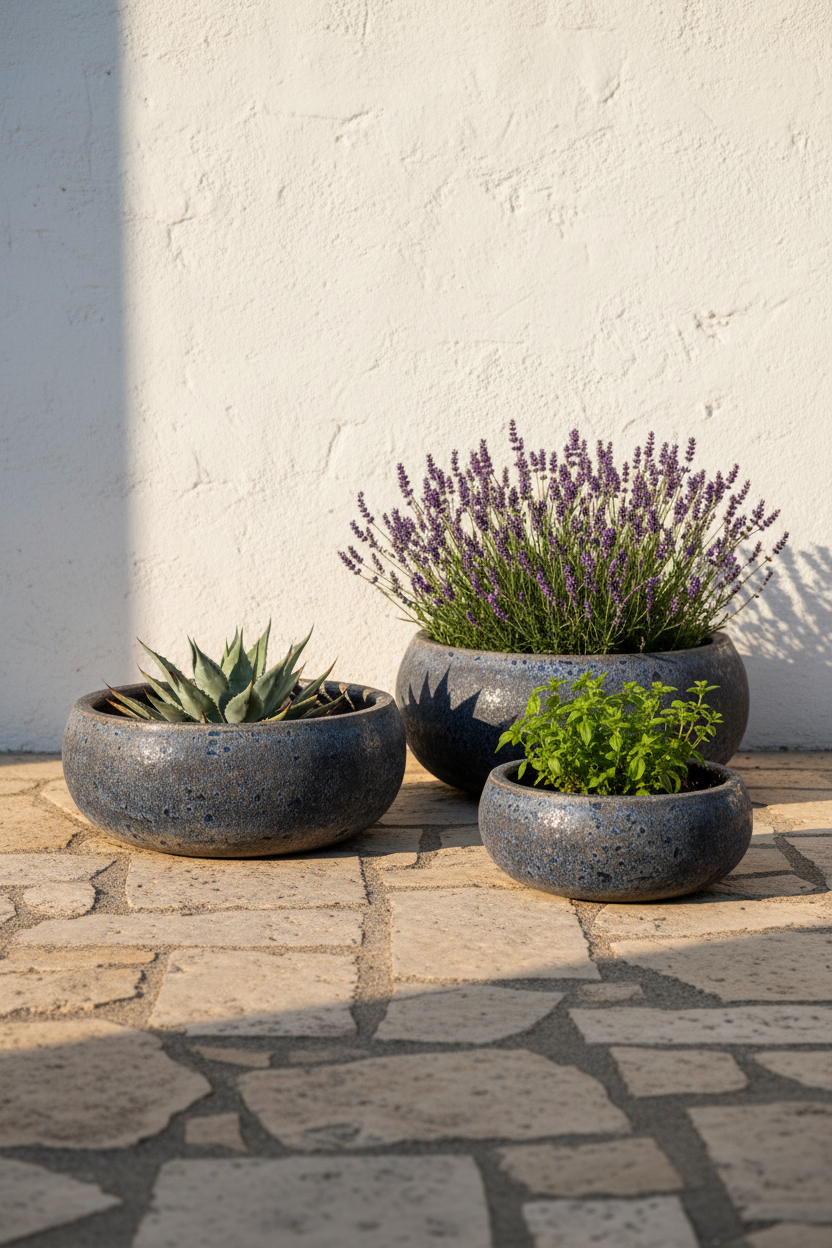 Komplet 3 donic Garden Old Blue 22 cm – lifestyle na tarasie