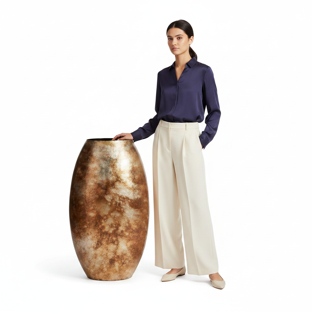 Wazon Modern Gold 80 cm – scale shot z osobą 170 cm, wazon sięga do biodra