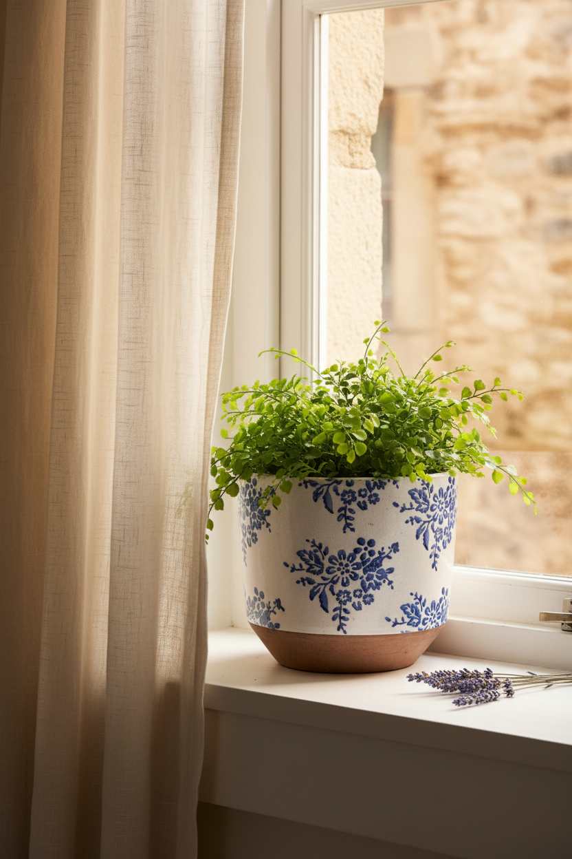 Osłonka Fiore Blue Kwiaty – lifestyle prowansalski parapet z lawendą