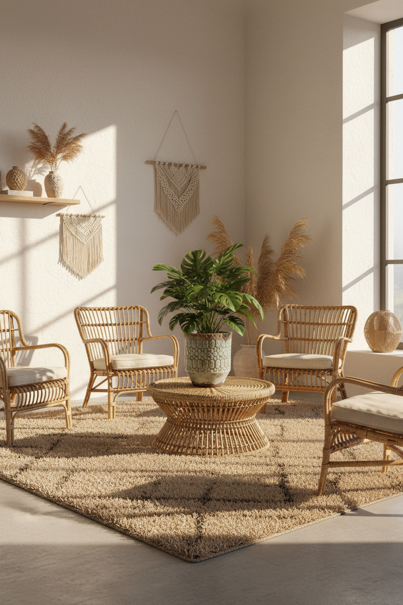 Osłonka terakota Verona Łuski 23 cm w boho salonie – lifestyle