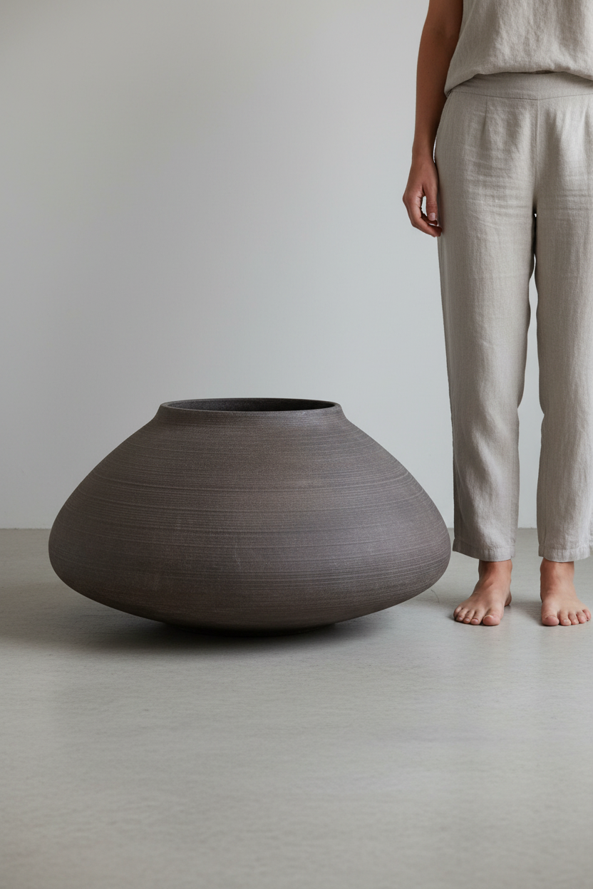 Donica Modern Brown Płaska – scale shot, osoba stojąca obok donicy