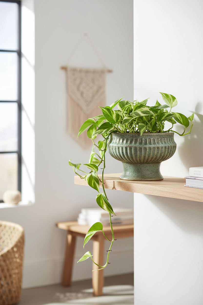 Osłonka Verona Prążki 11,5 cm – lifestyle na półce z sukulentem