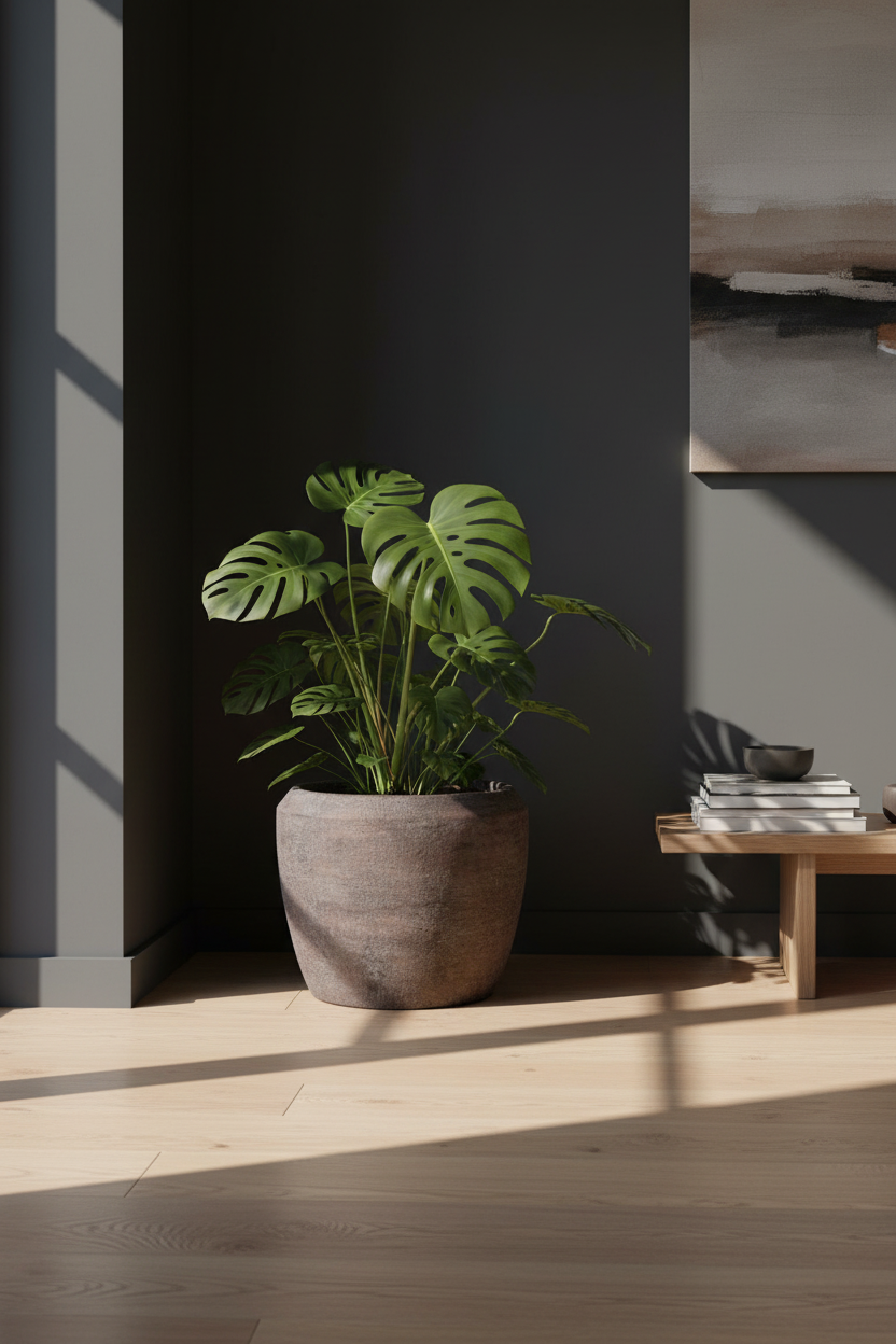 Donica Modern Brown 35 cm wzór 1B – lifestyle z monstera w salonie