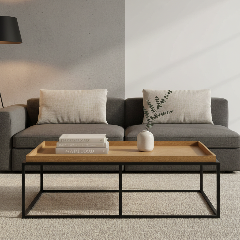 Stolik kawowy Modern 132 cm w salonie loftowym z szarą kanapą