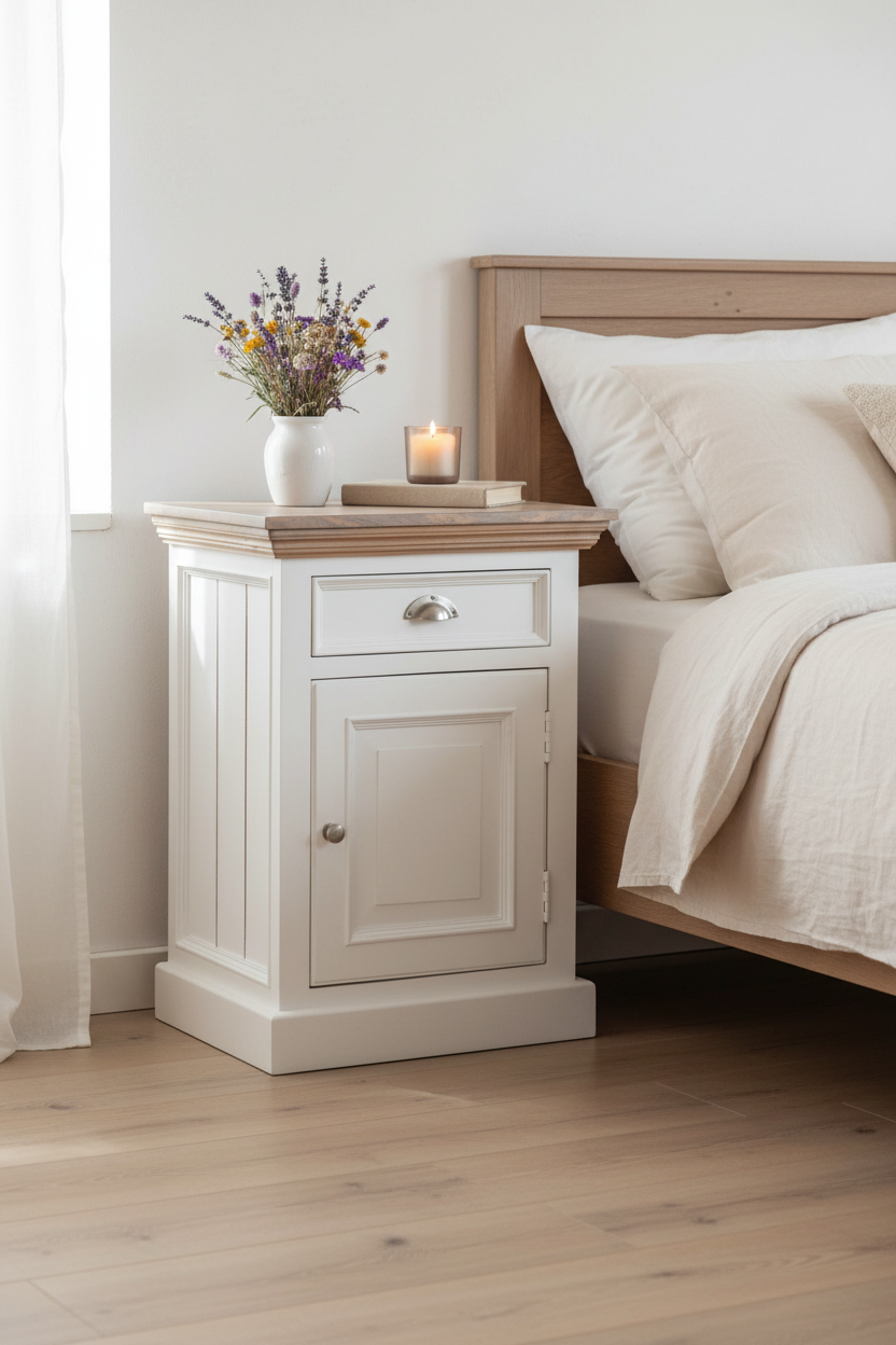 Szafka nocna Bristol White Prawa – lifestyle sypialnia prowansalska