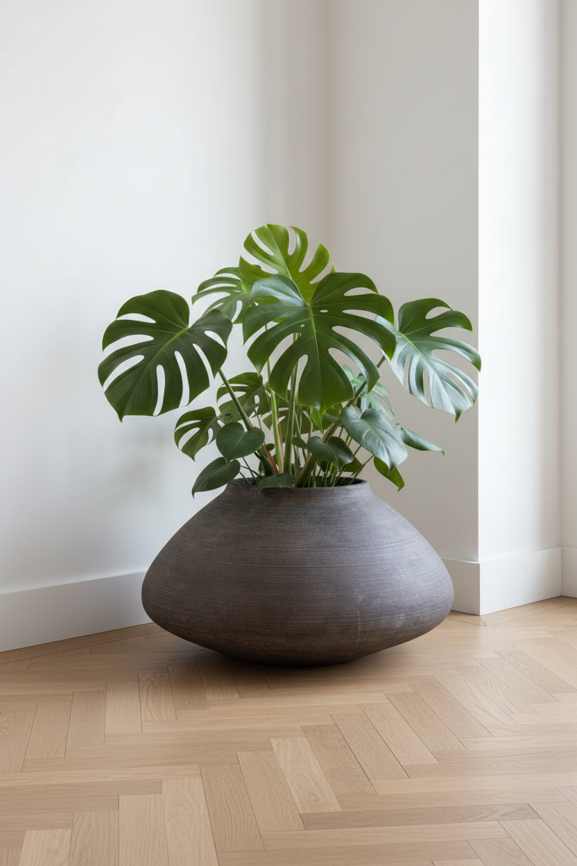 Donica Modern Brown Płaska – lifestyle, salon z monsteraą