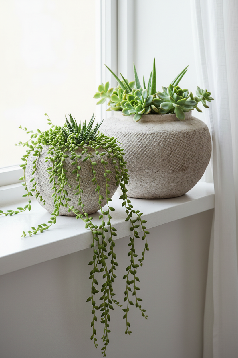 Osłonka Sirocco pękata – lifestyle japandi parapet, sukulenty