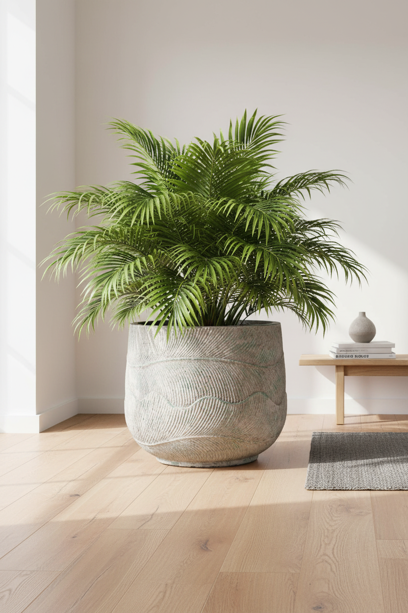 Osłonka Rocca Green 38 cm – lifestyle z monstera w salonie