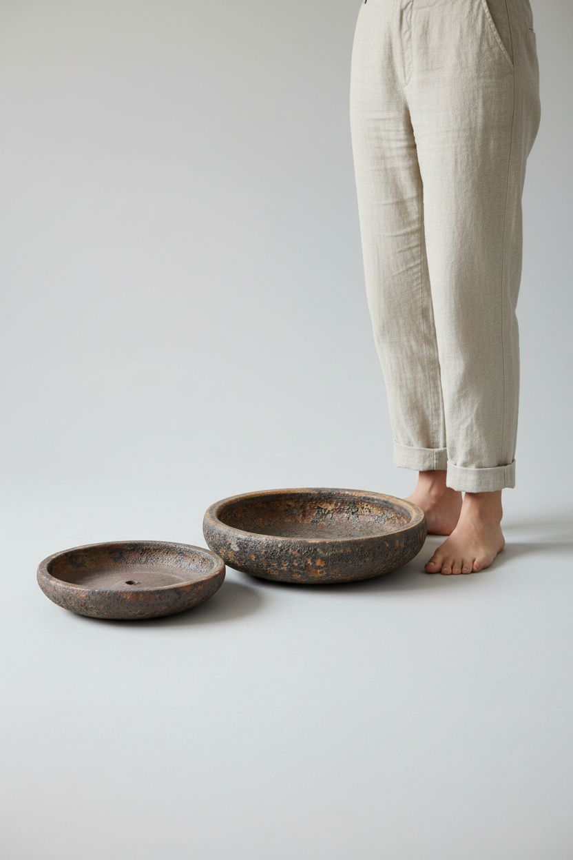 Donica ceramiczna Garden Old Misa Rust – scale shot, dwie misy przy osobie