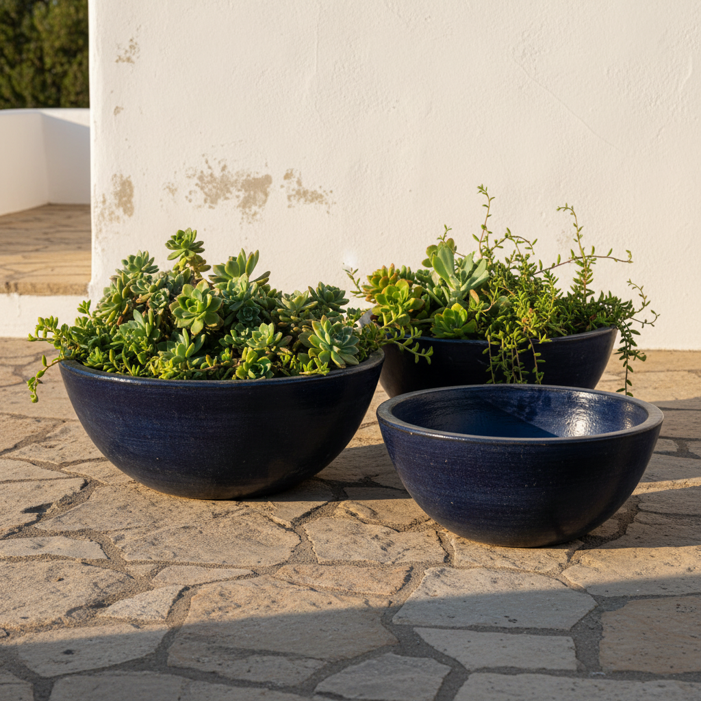 Komplet 3 mis ceramicznych Garden Old Antique Blue na kamiennym tarasie