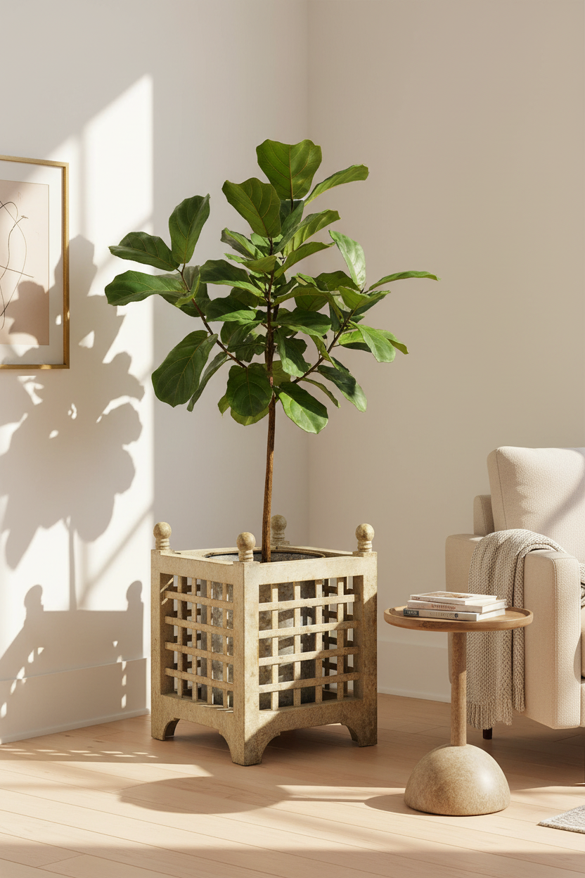 Osłonka Vintage kwadratowa 59,5 cm – lifestyle z figowcem w salonie