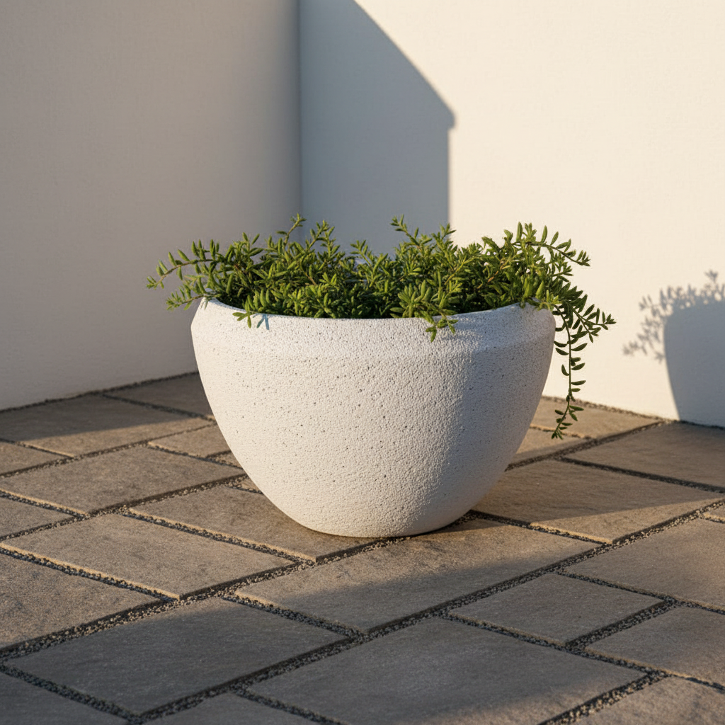 Donica Modern White GRC 35,5 cm na tarasie z rośliną