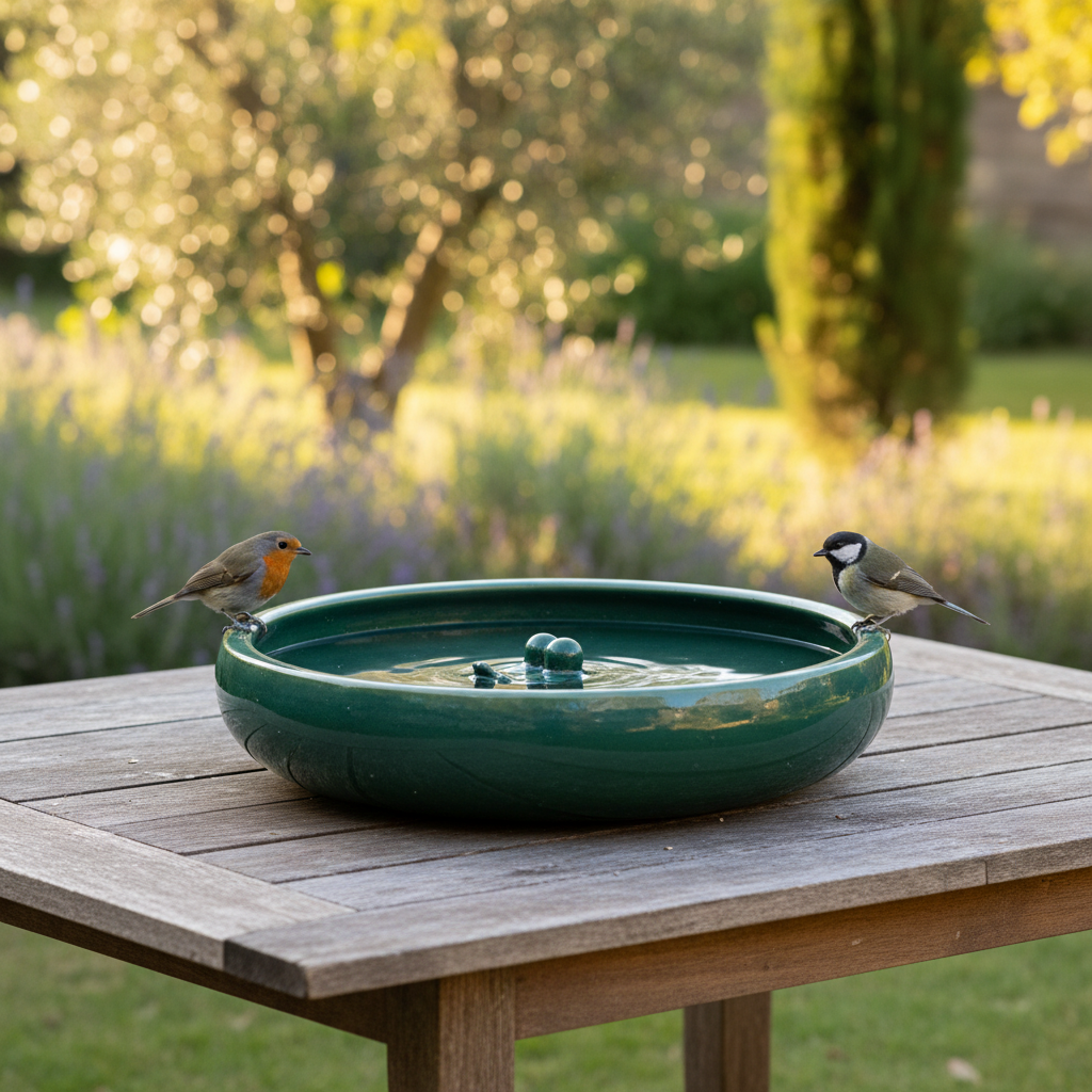 Ceramiczne poidłeko dla ptaków Garden Old 35 cm w ogrodzie śródziemnomorskim