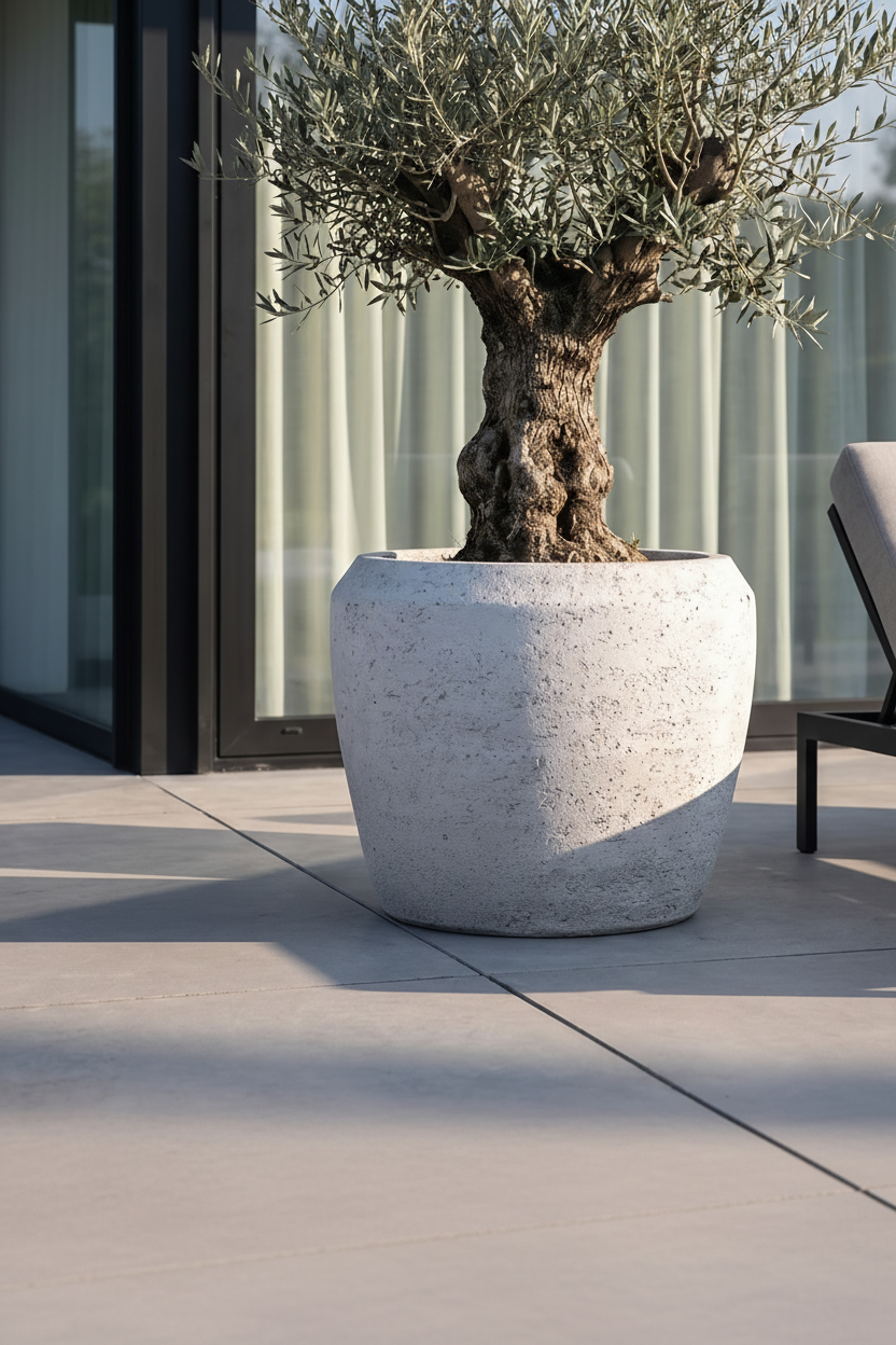 Donica Modern White 46 cm – lifestyle nowoczesny taras z oliwką