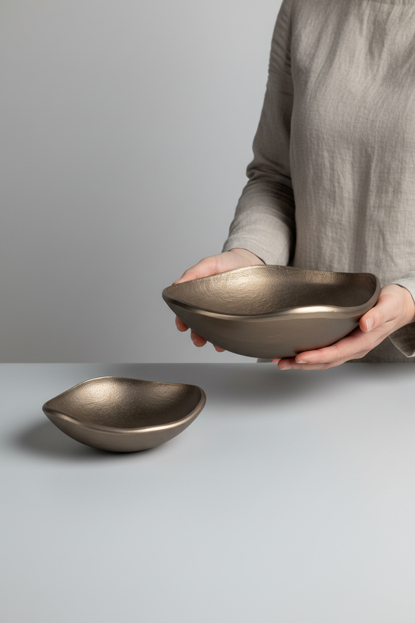 Misa dekoracyjna aluminiowa Modern 25 cm – scale shot, trzymana w dłoniach