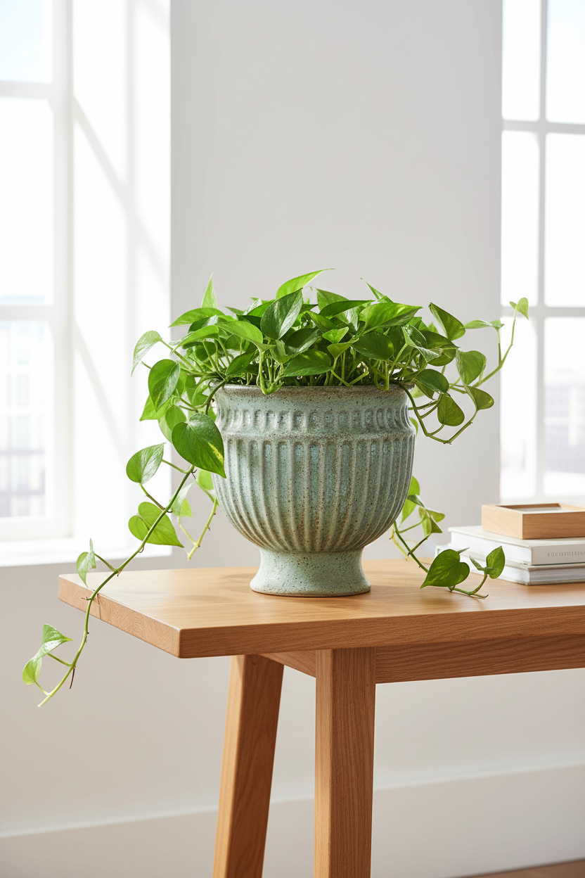 Osłonka Verona Prążki 19,5 cm – lifestyle na półce z rośliną