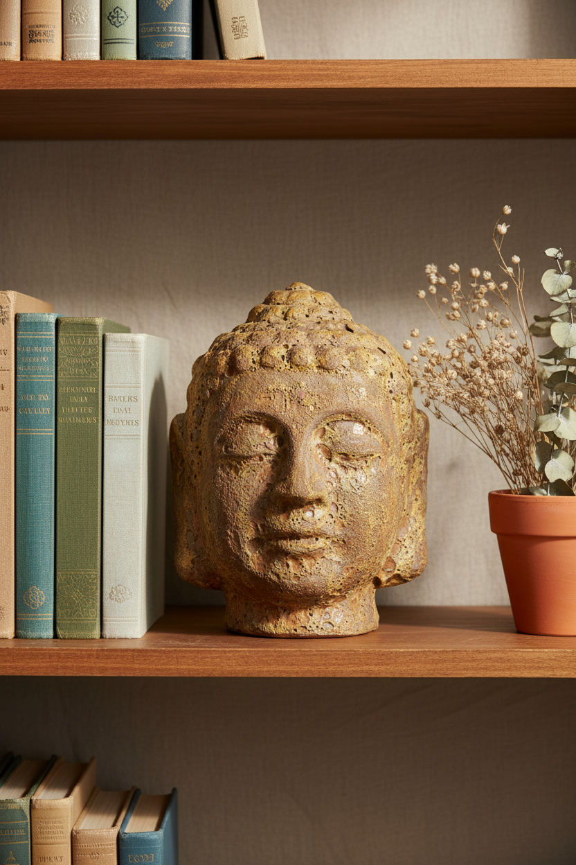 Figurka Budda Garden Old – lifestyle, półka z książkami