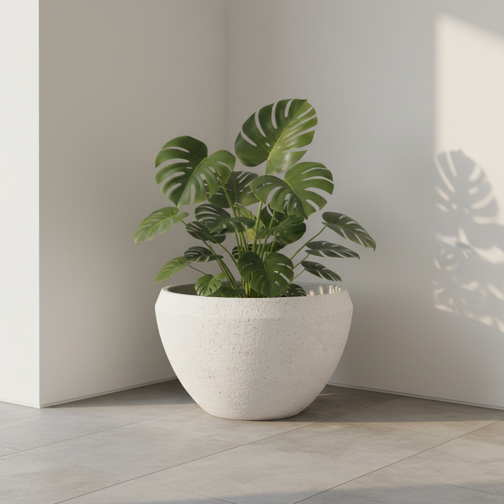Donica Modern White GRC 55 cm na tarasie z monstera