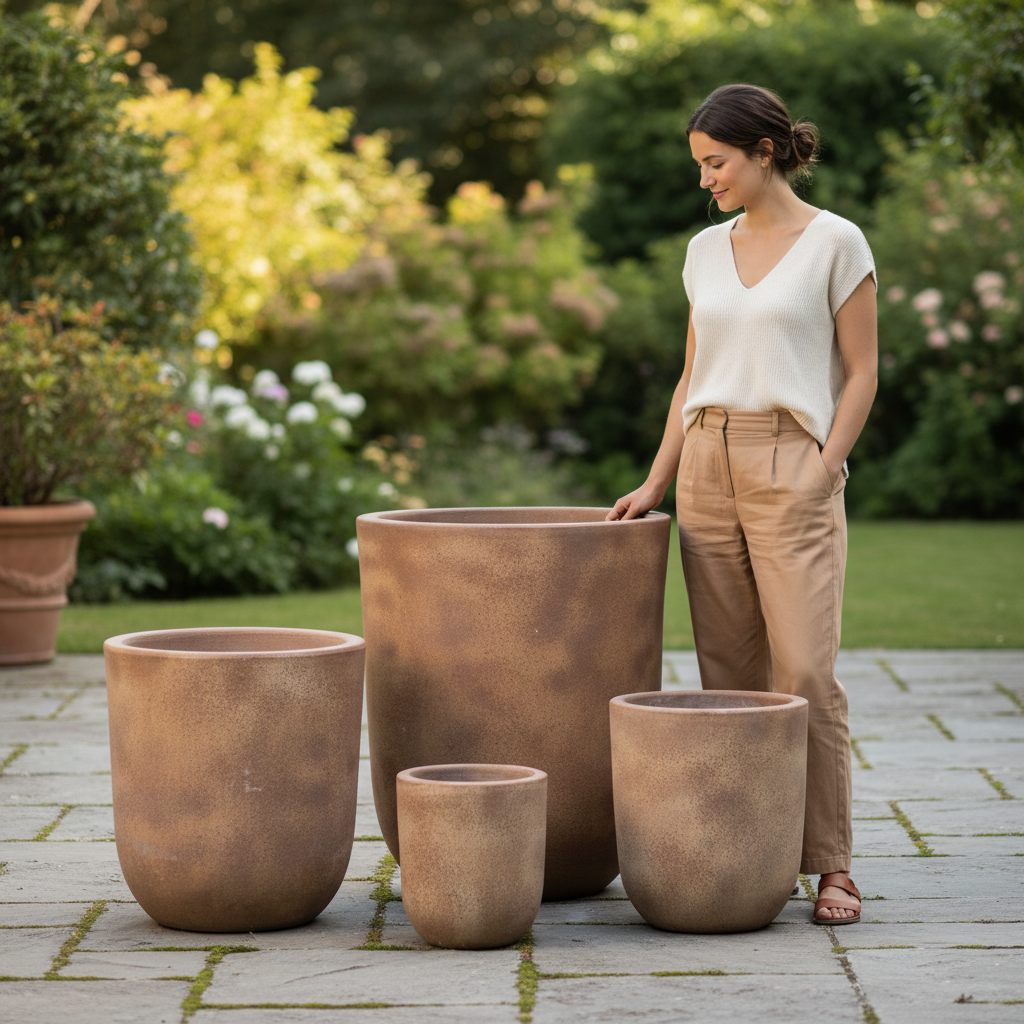 Donica Garden Old Rust Sand 68 cm – scale shot z osobą 170 cm, donica sięga do biodra