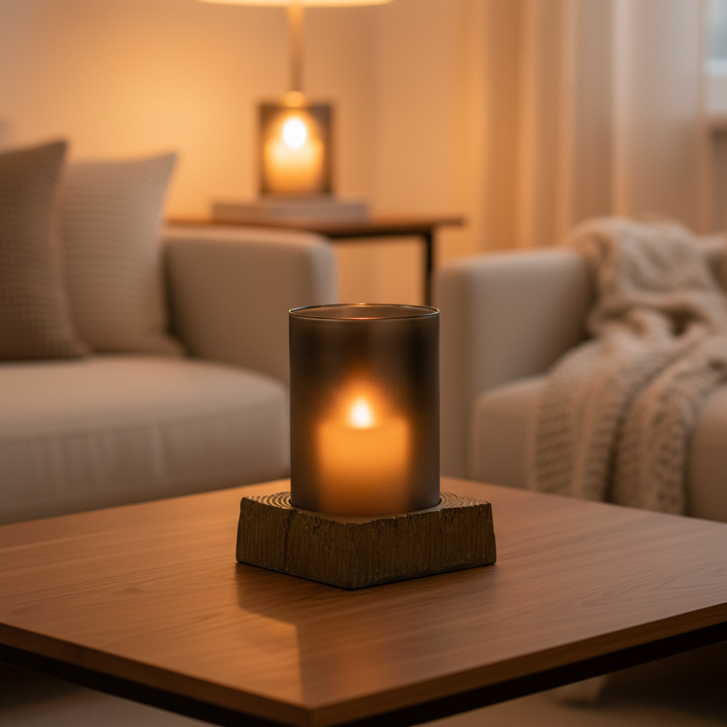 Lampion szklany Modern 28 cm na stoliku kawowym ze świecą