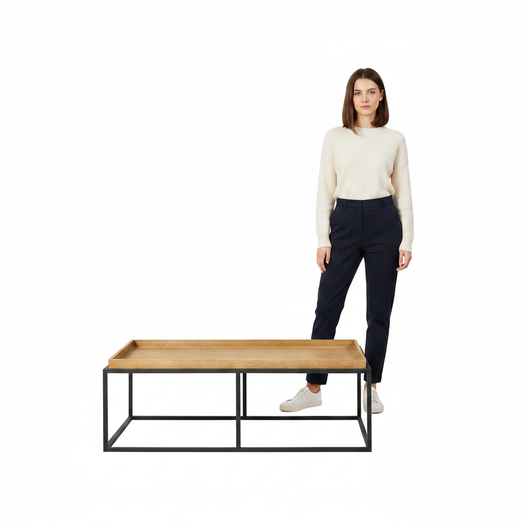 Stolik kawowy Modern 132 cm – scale shot z osobą 170 cm, białe tło