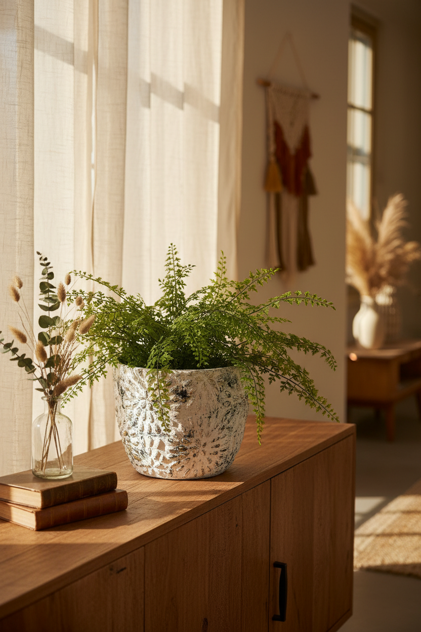 Osłonka Albero White Kwiaty – lifestyle boho salon, komoda