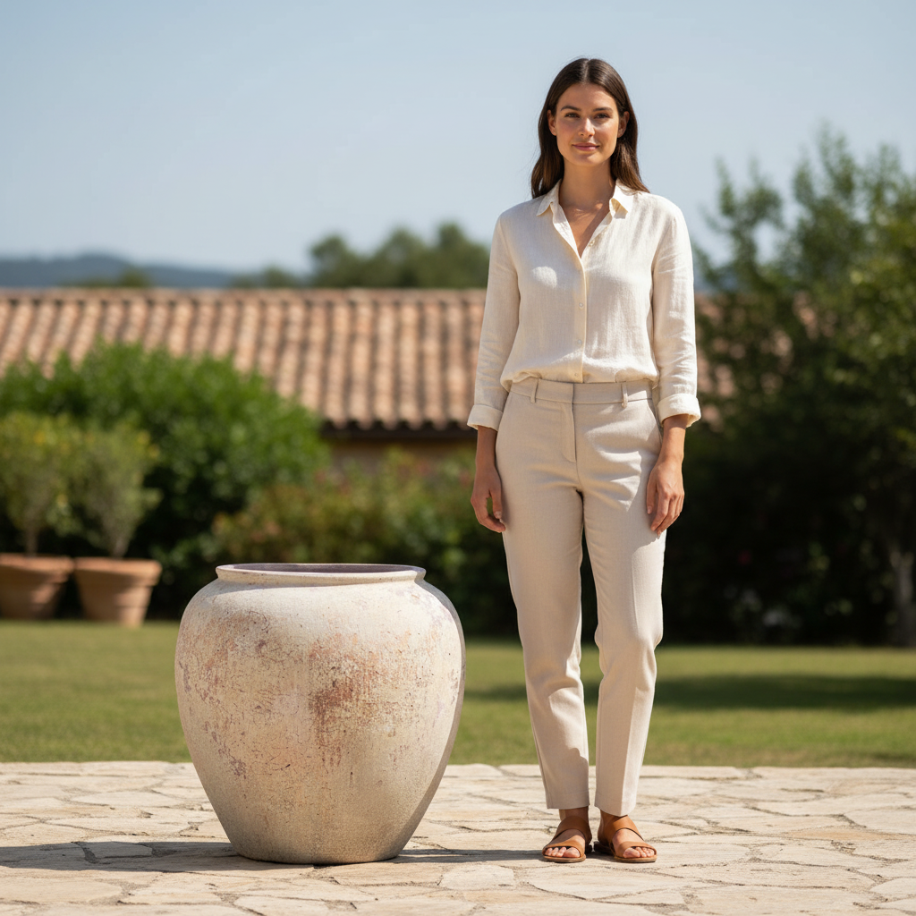 Donica Garden Old White 65 cm – scale shot z osobą 170 cm, donica sięga do biodra