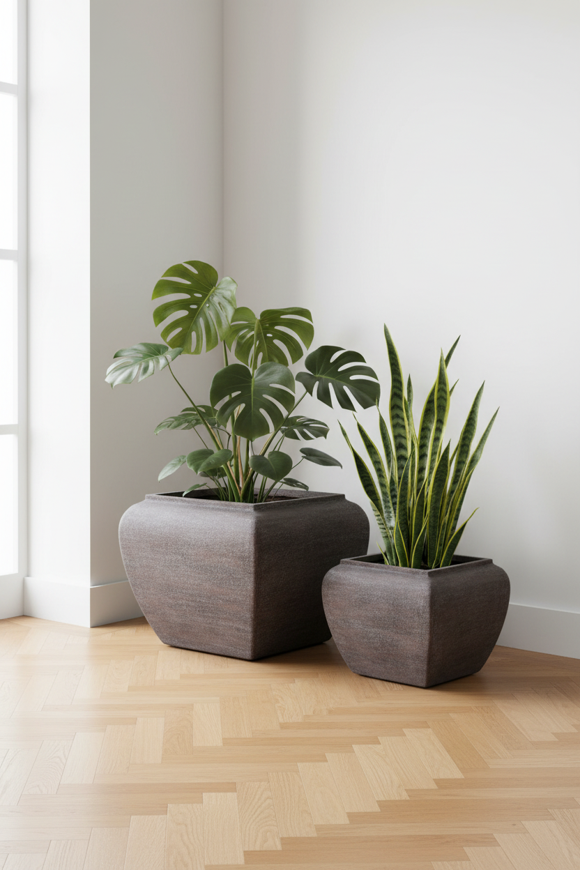 Donica kwadratowa Modern Brown – lifestyle, salon z monsteraą