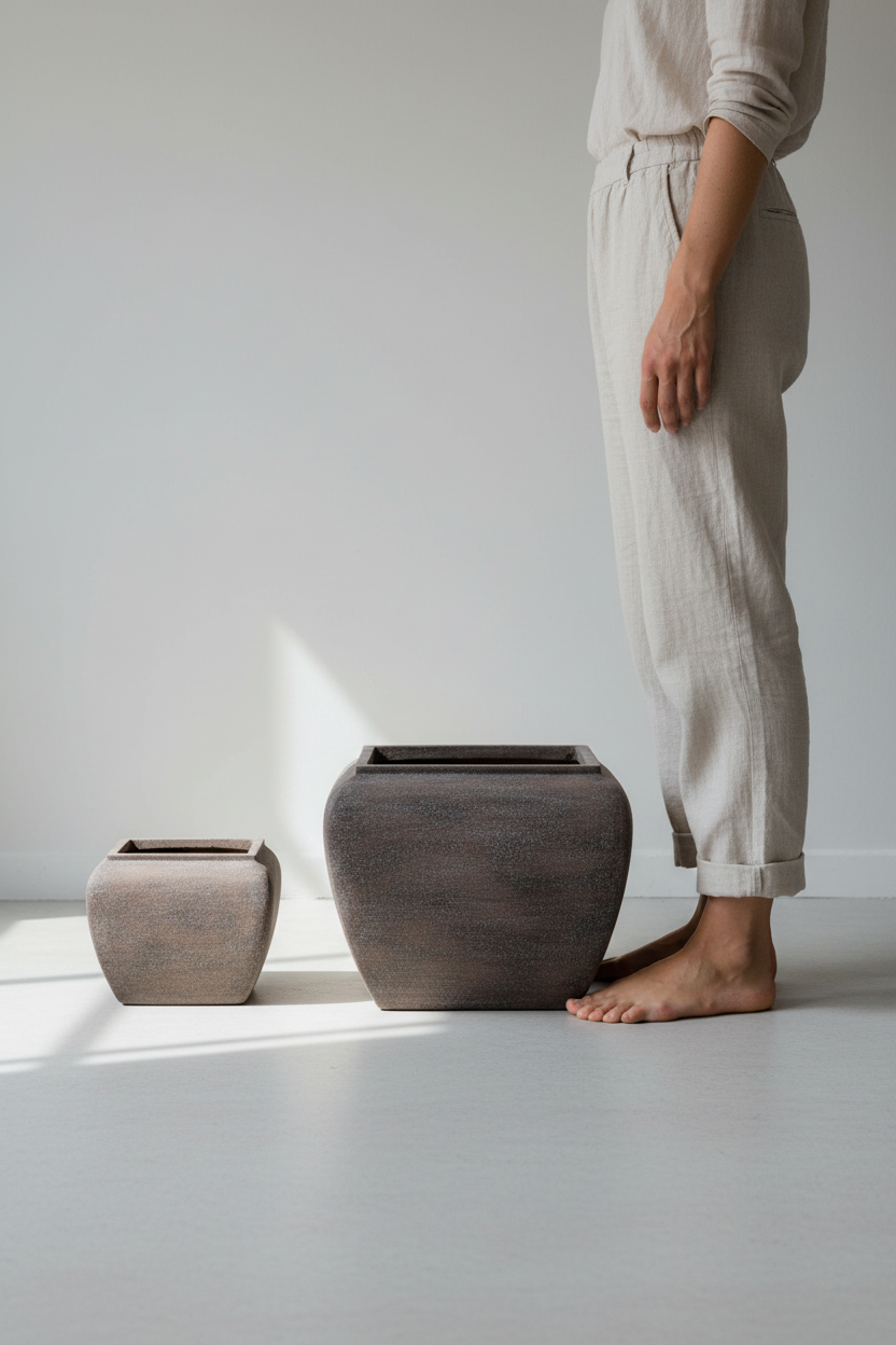 Donica kwadratowa Modern Brown – scale shot, dwie donice przy osobie