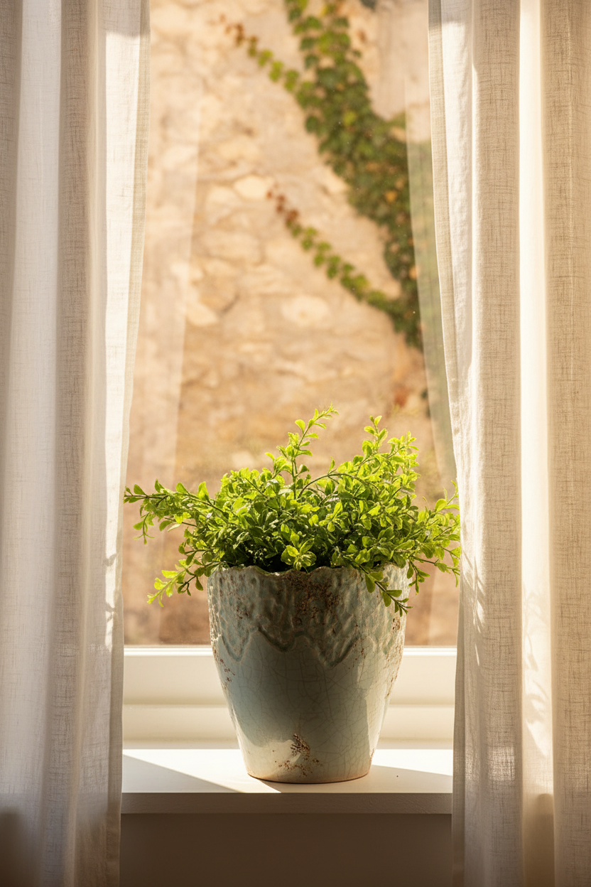 Osłonka ceramiczna Fiore Blue – lifestyle prowansalski parapet