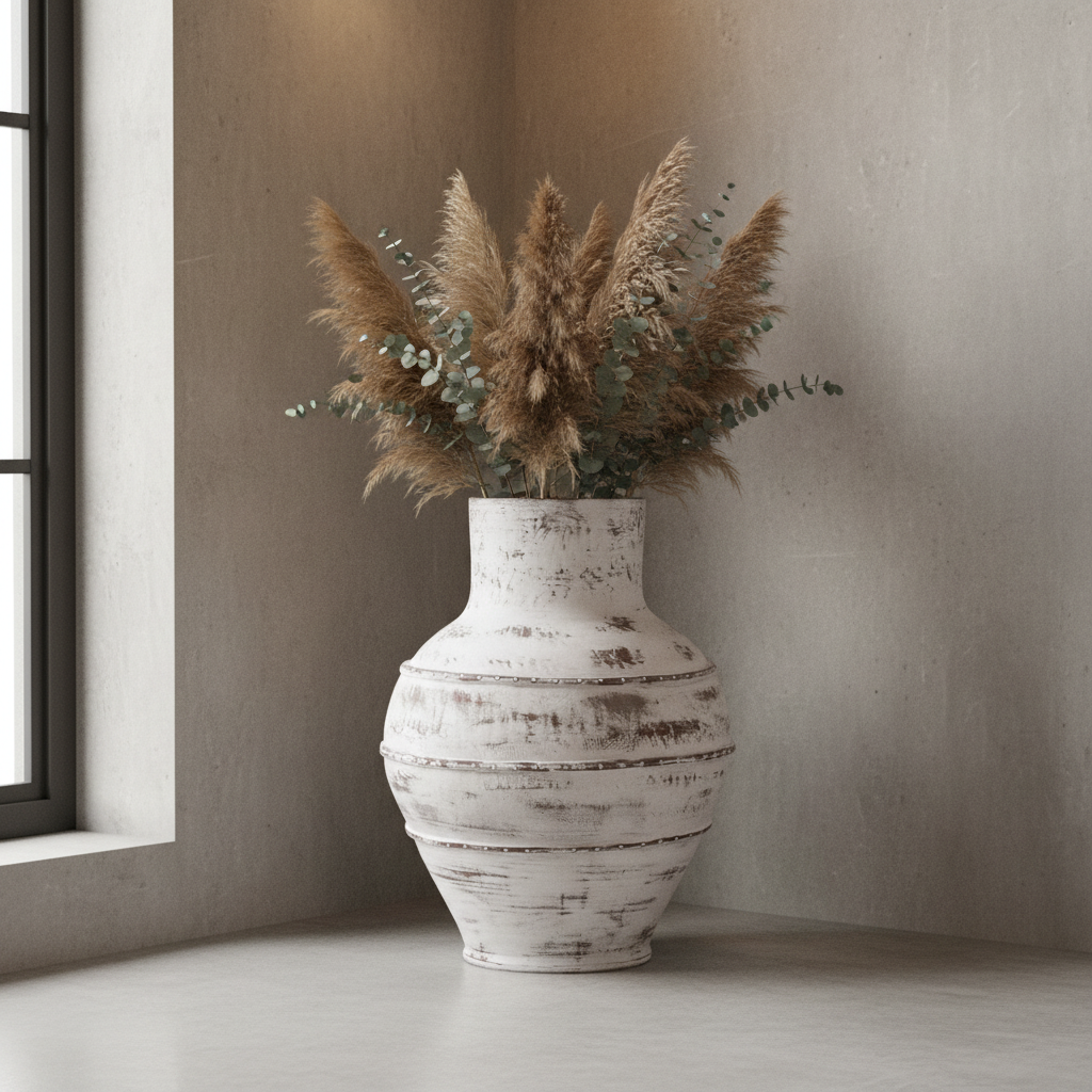 Wazon podłogowy Modern White 90 cm w salonie loftowym z trawami pampasowymi