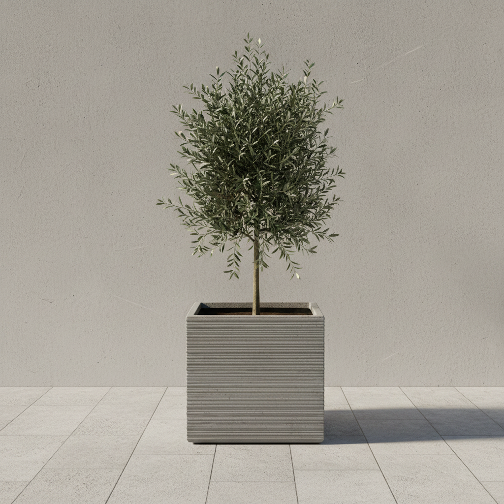 Donica Modern Prążki 55 cm na tarasie z oliwką