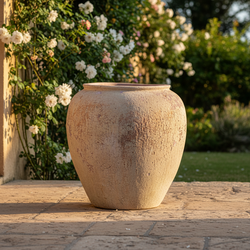 Donica ceramiczna Garden Old White 65 cm na kamiennym tarasie śródziemnomorskim