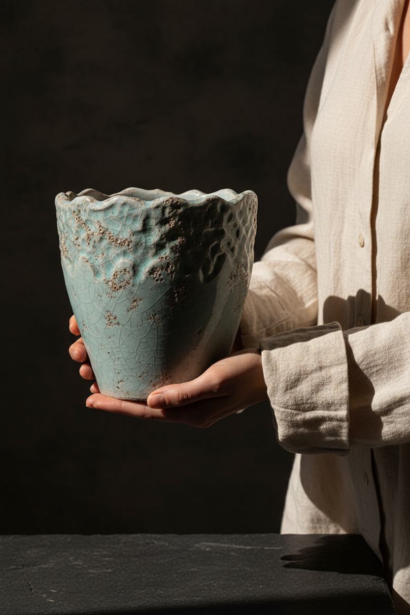 Osłonka ceramiczna Fiore Blue 23 cm – scale shot trzymana oburącz