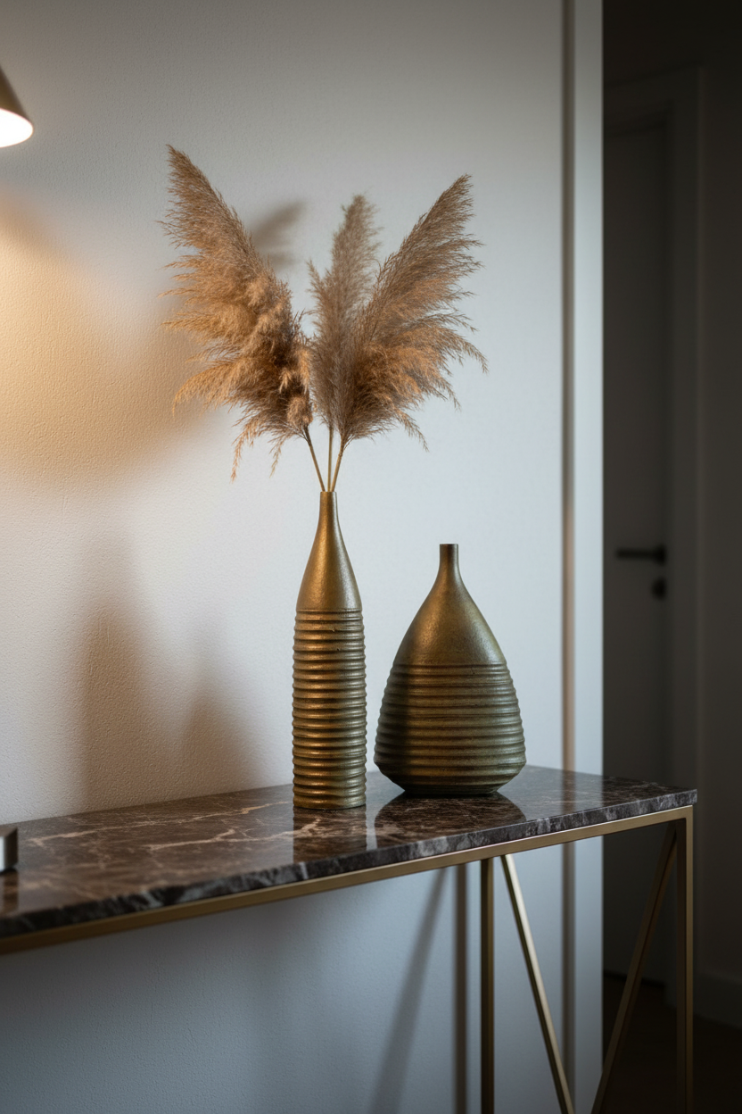 Wazon aluminiowy Modern – lifestyle, konsola marmurowa z trawami pampasowymi