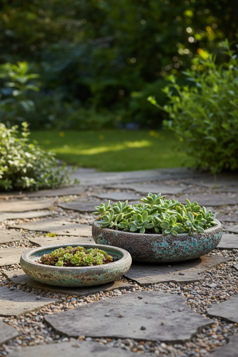 Donica ceramiczna Garden Old Misa Green – lifestyle, taras ogrodowy z sukulentami