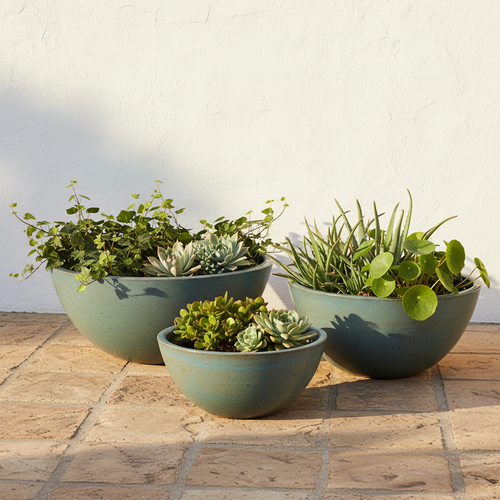 Komplet 3 mis ceramicznych Garden Old Antique Green na kamiennym tarasie