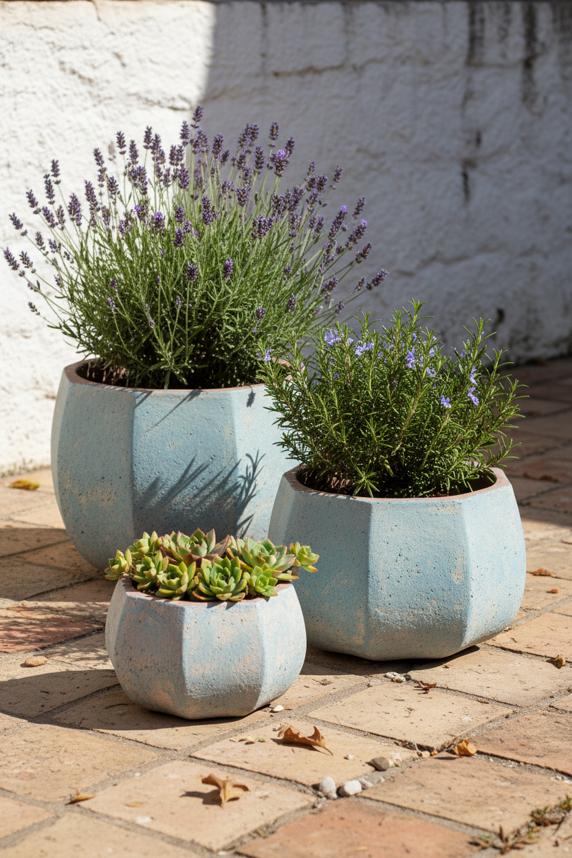 Komplet 3 donic Garden Old Blue – lifestyle na tarasie śródziemnomorskim