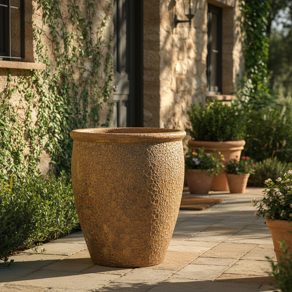 Donica ceramiczna Garden Old Rust 84 cm przy wejściu do domu śródziemnomorskiego