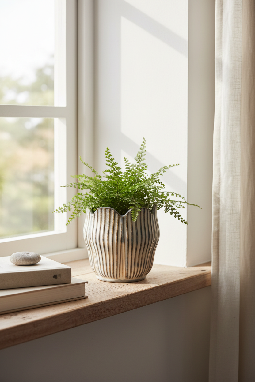 Osłonka Prado Kwiat 17 cm – lifestyle na półce z rośliną