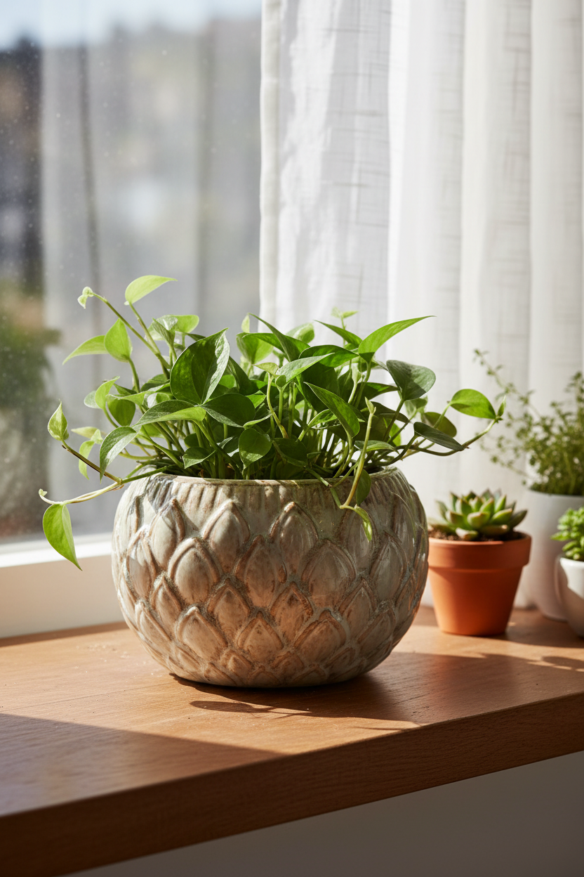 Osłonka ceramiczna Włoskie Niebo Łuski – lifestyle, parapet z rośliną