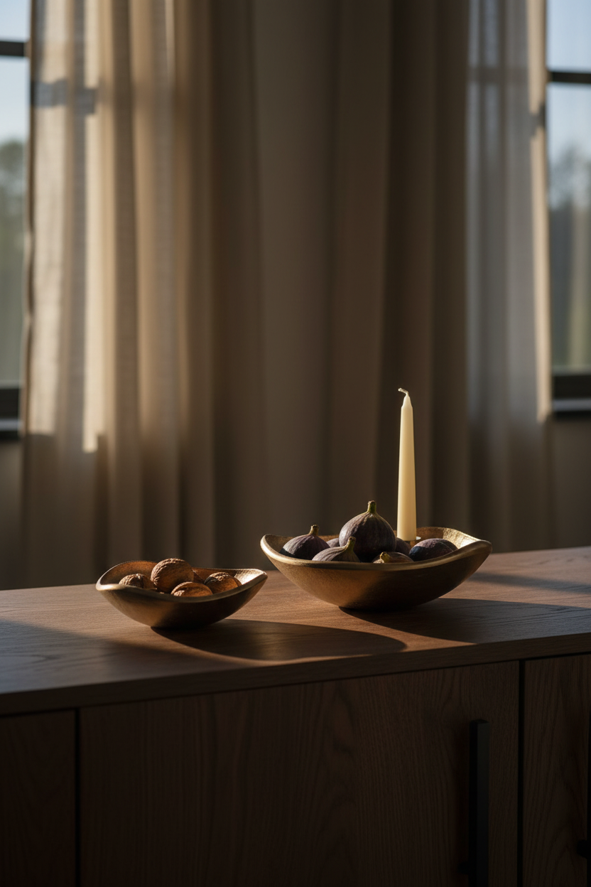 Misa dekoracyjna aluminiowa Modern 25 cm – lifestyle, komoda dębowa z misami