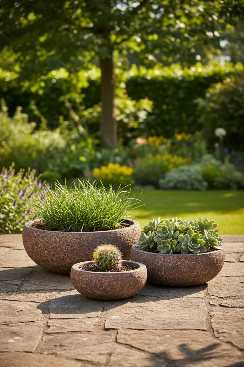 Donica ceramiczna Garden Old Rust – lifestyle, taras ogrodowy z roślinami