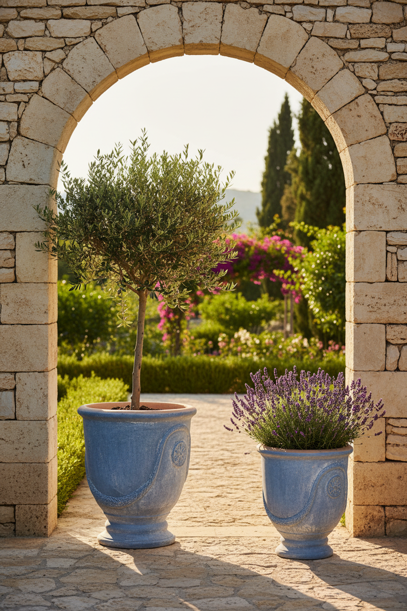 Komplet 2 donic Garden Old Antic Blue – lifestyle przy wejściu do willi