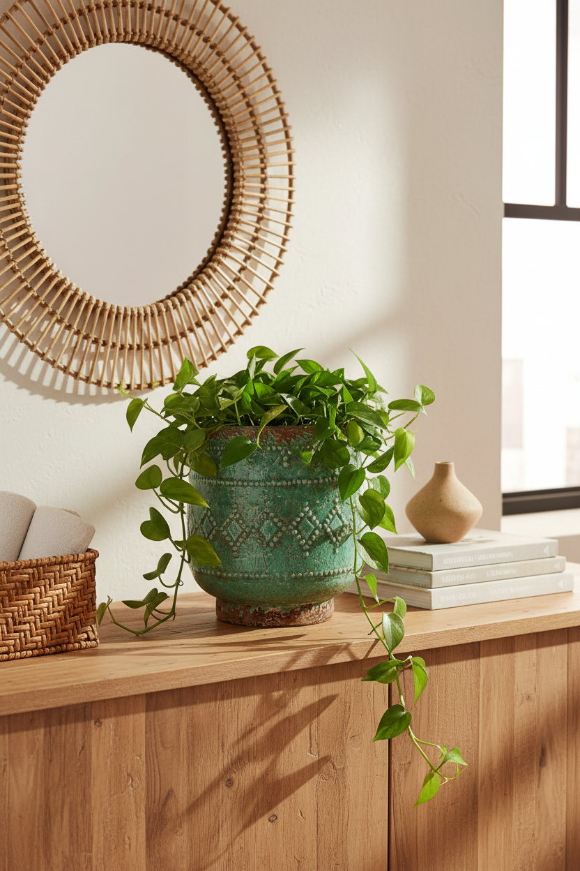 Osłonka Verona 21 cm – lifestyle boho na komodzie z rośliną
