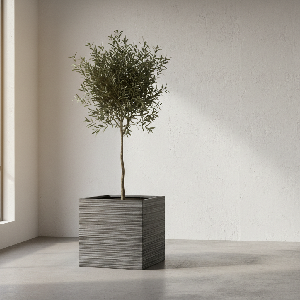 Donica Modern Prążki 44 cm na tarasie z oliwką