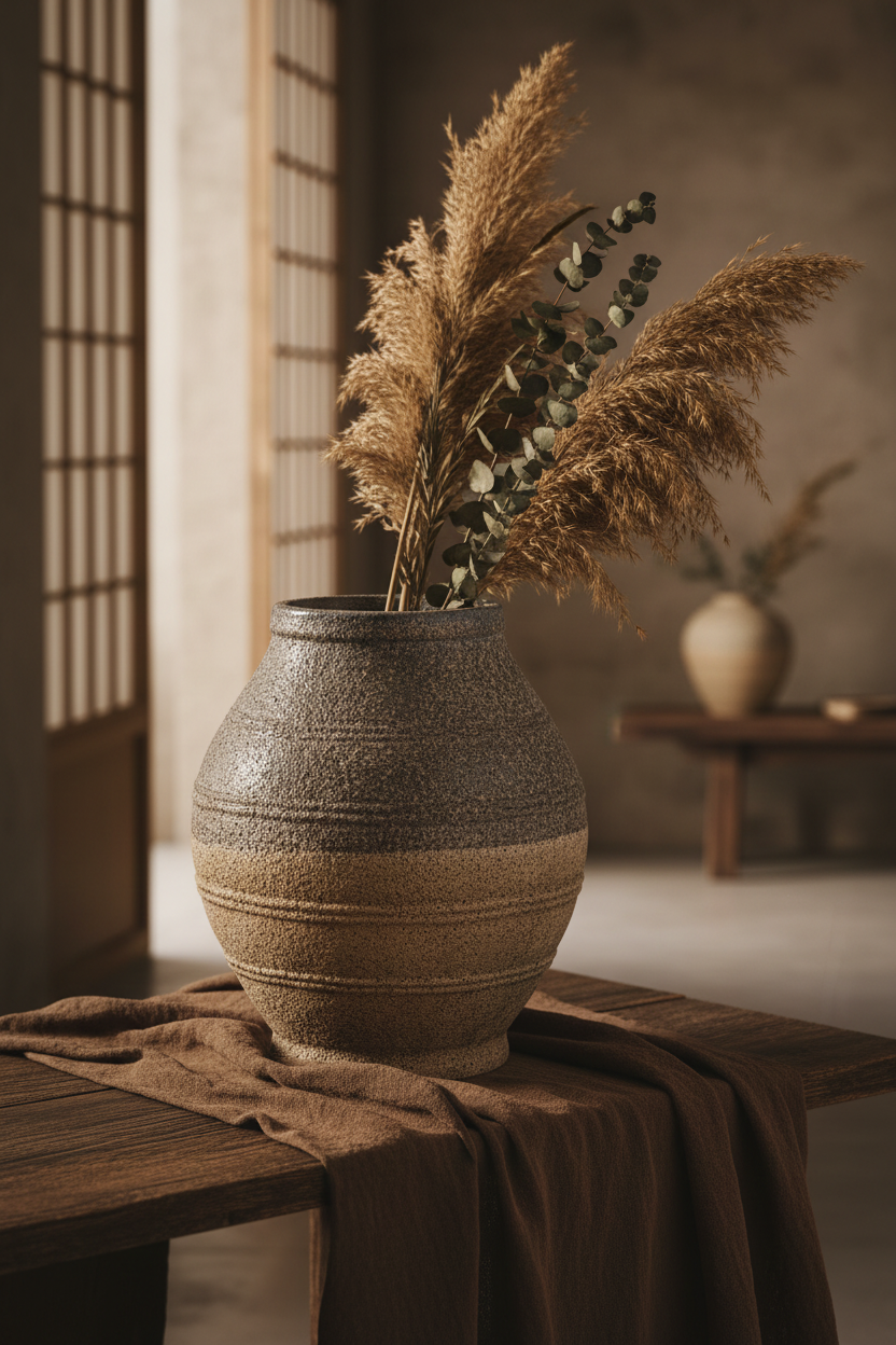 Wazon Antique Blue – lifestyle japandi, trawy pampasowe, ciemne drewno